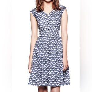 Authentic Tory Burch Blue White Geometric Print Sleeveless Pleated Dress Size 10